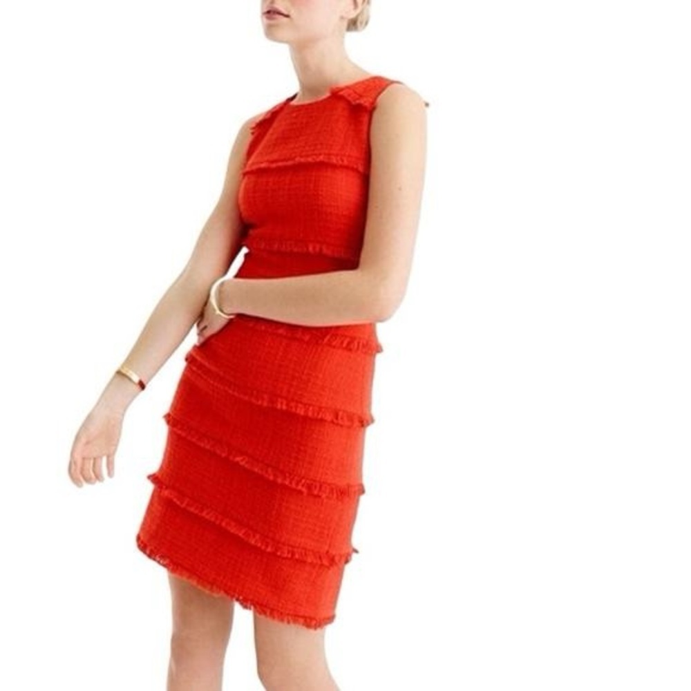 J.Crew Sophia Red Tweed Fringe Mini Dress Sleeveless Size 4 sheath crew neck